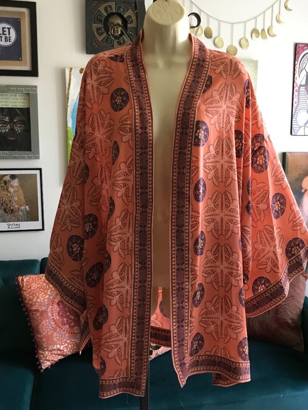 MAX STUDIO size 2X Peach Floral Medallions Print Open Front Kimono Cardigan